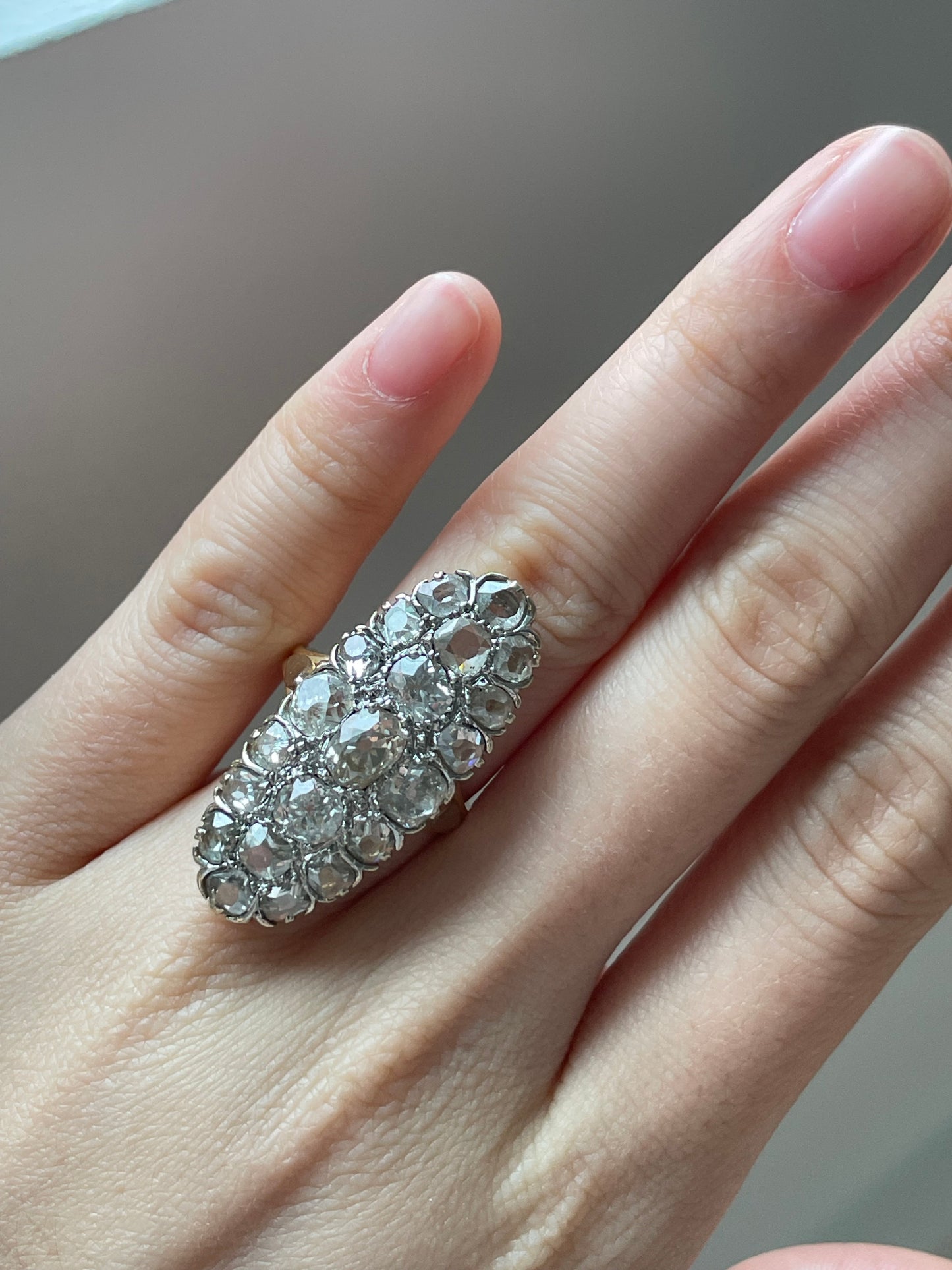 Antique French 18K Yellow Gold 6.5 CTW Old Mine Cut Diamond Oval Cluster Statement Ring