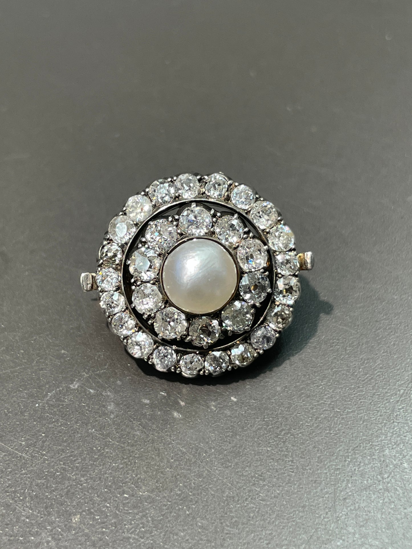 Edwardian Silver Topped 14K Gold Natural Saltwater Pearl Diamond Halo Brooch