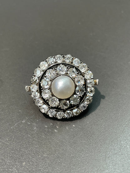 Edwardian Silver Topped 14K Gold Natural Saltwater Pearl Diamond Halo Brooch
