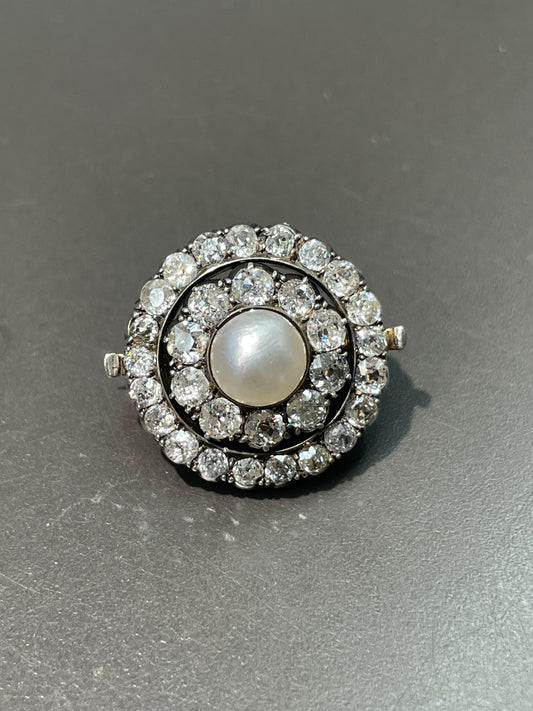 Edwardian Silver Topped 14K Gold Natural Saltwater Pearl Diamond Halo Brooch
