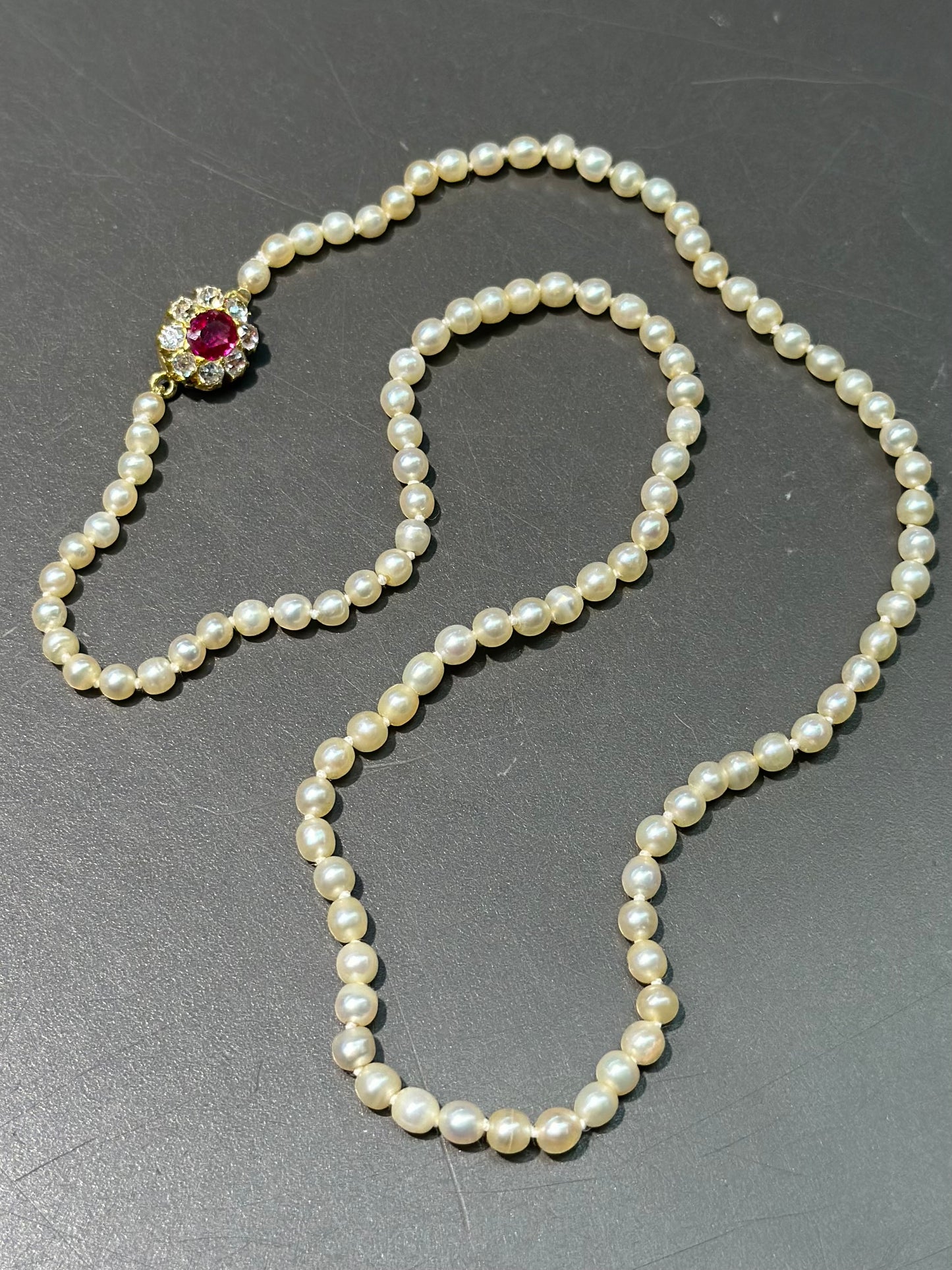 Edwardian 14K Gold Natural Saltwater Pearl Burma Ruby Diamond Necklace