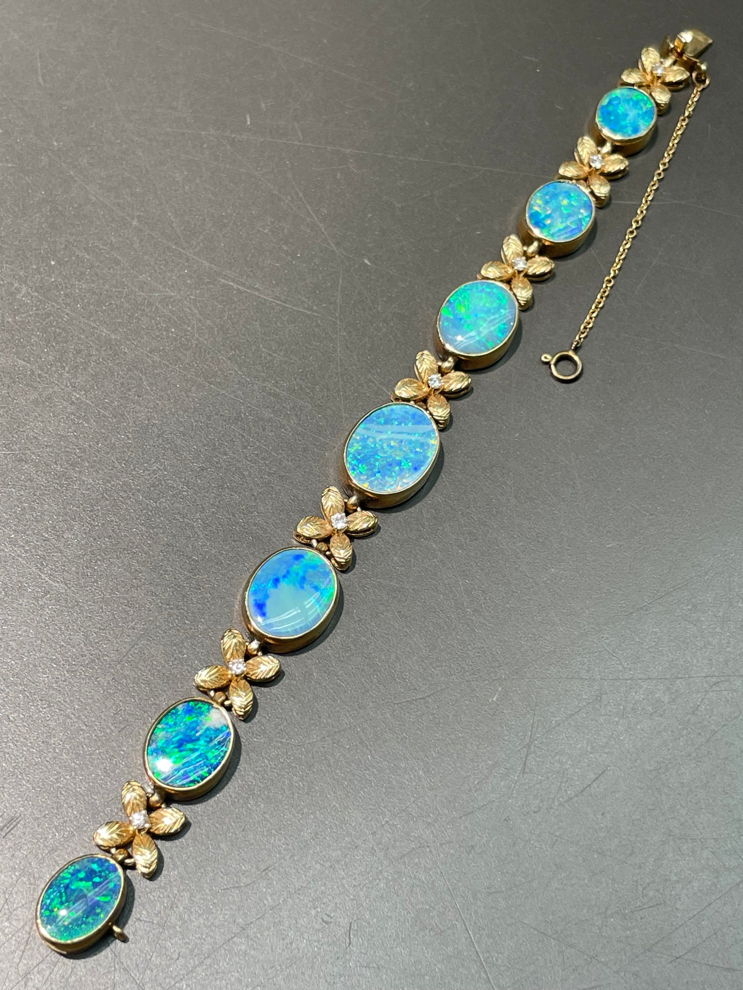 Vintage 14K Yellow Gold Black Opal Diamond Bracelet