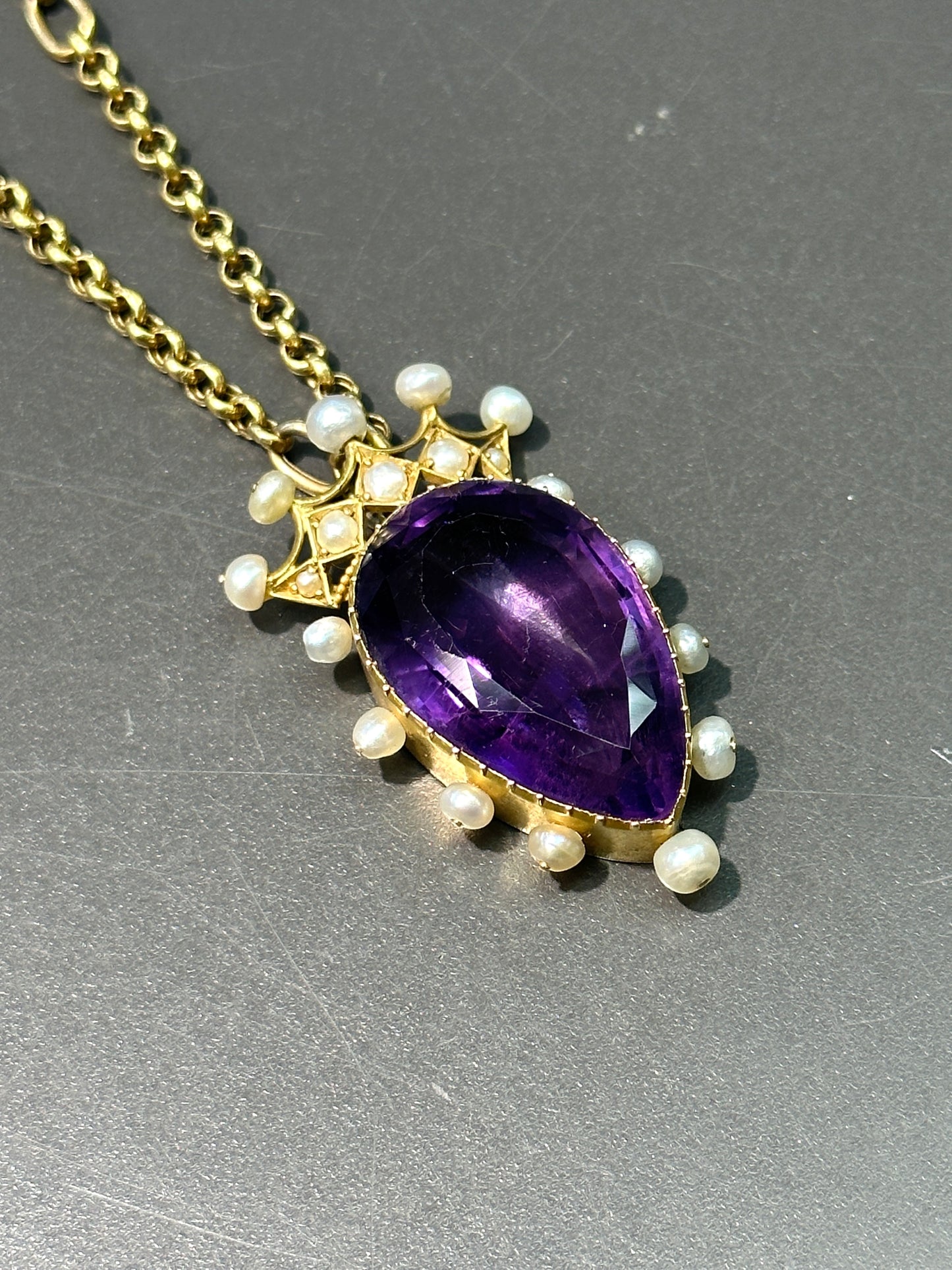 Victorian 14K Gold Amethyst Natural Pearl Crown Pendant