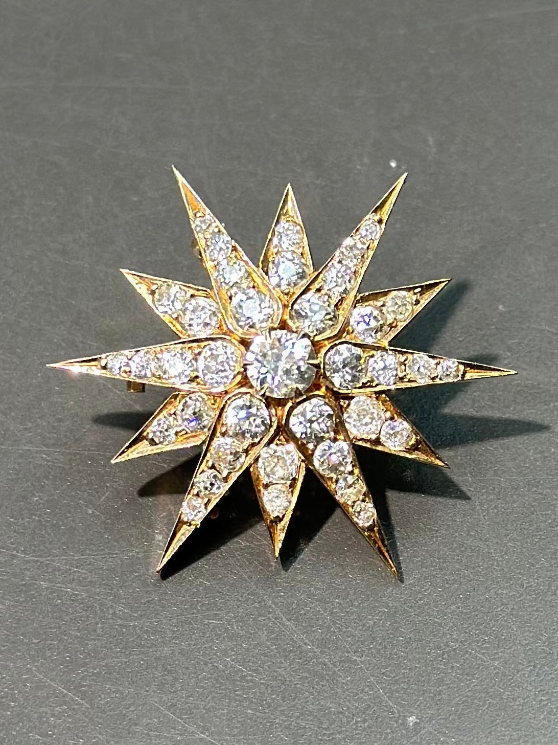 Victorian 14K Gold Diamond Starburst Pendant Brooch