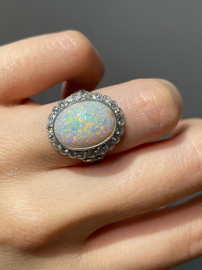 Art Deco Platinum Opal 0.88 CTW Diamond Halo Ring