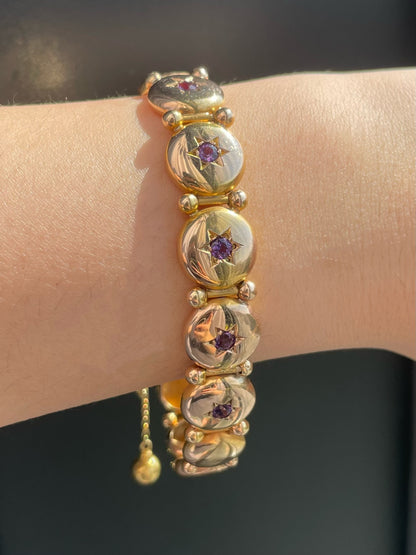 Antique 14K Yellow Fold Amethyst Starburst Button Bracelet