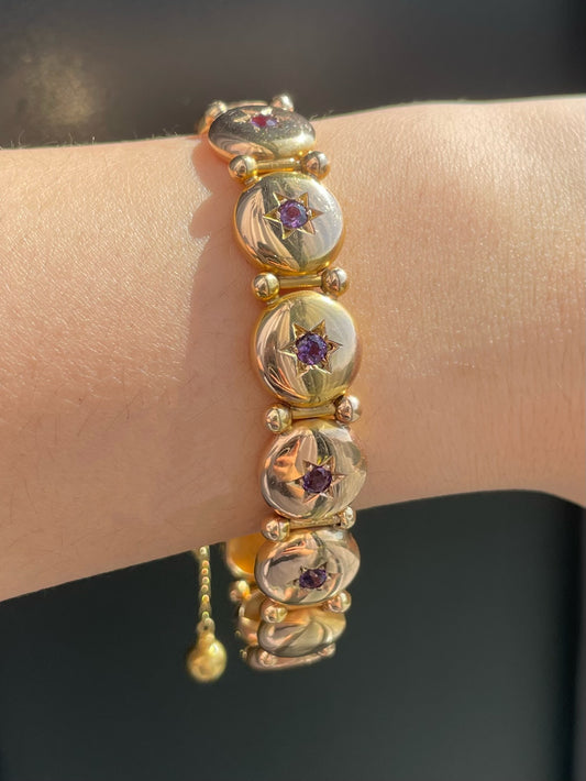 Antique 14K Yellow Fold Amethyst Starburst Button Bracelet