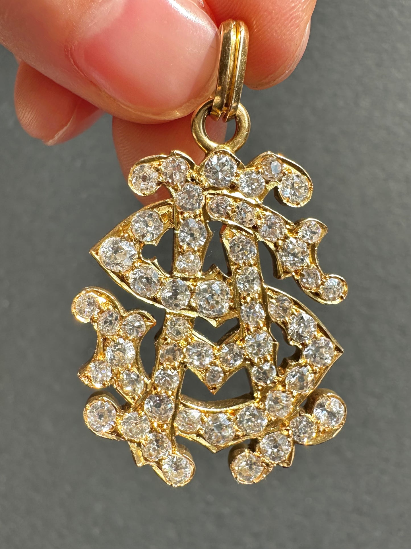 Edwardian 14K Gold Old Mine Cut Diamond Monogram “A” “S” Pendant