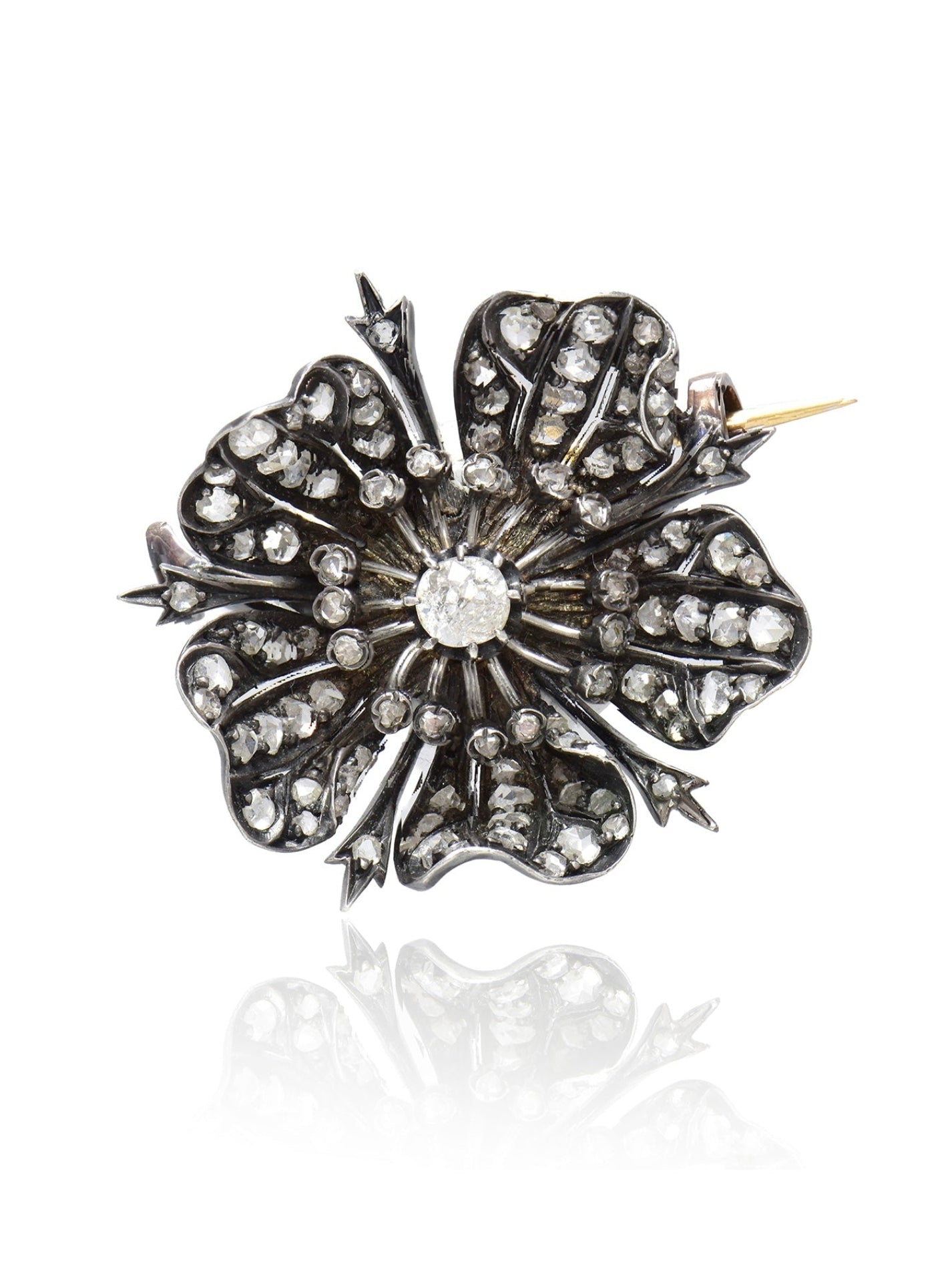 French Victorian Rose Cut Diamond Flower Brooch