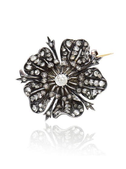 French Victorian Rose Cut Diamond Flower Brooch