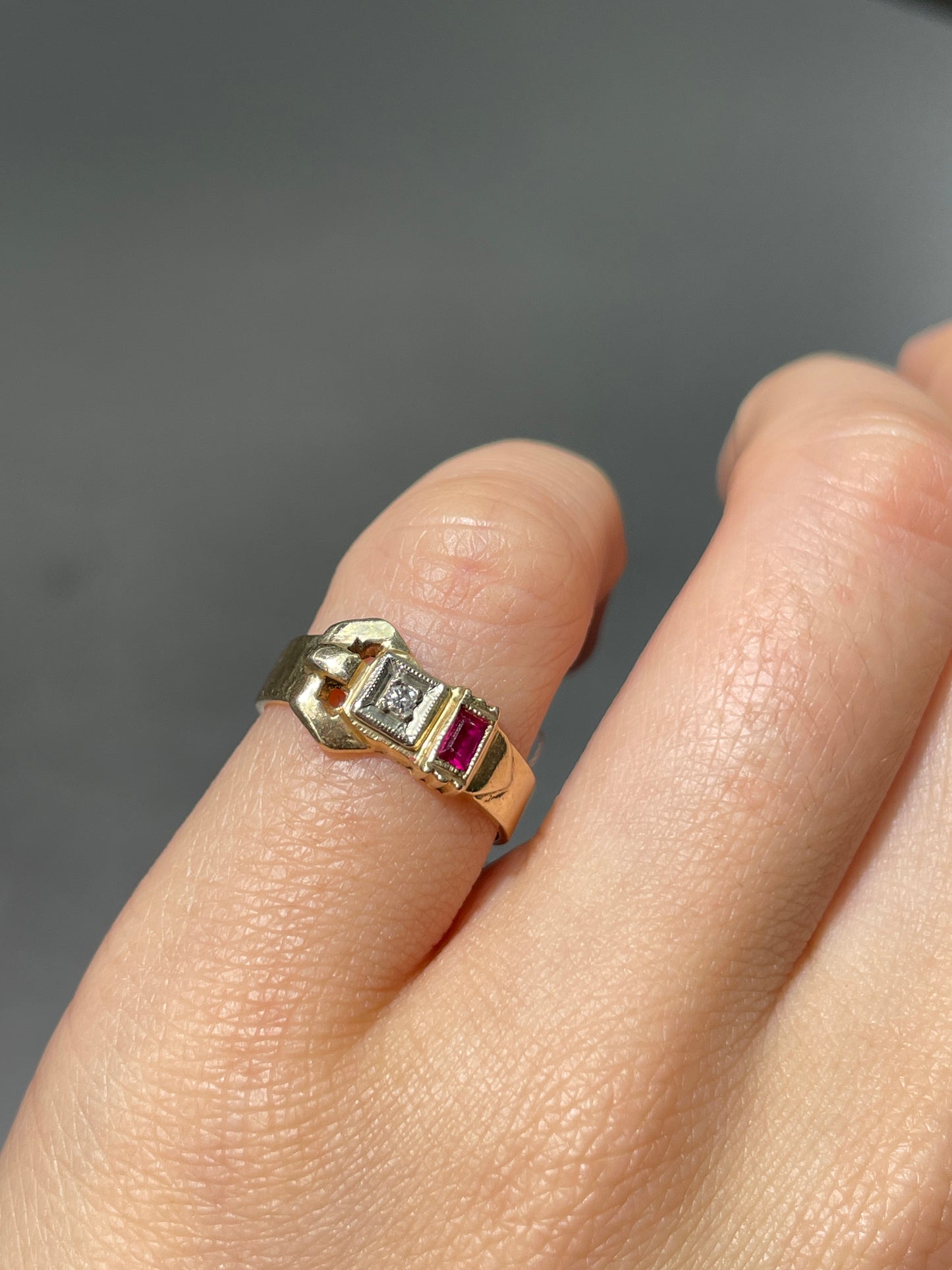 Vintage 14K Gold Diamond Ruby Buckle Belt Ring