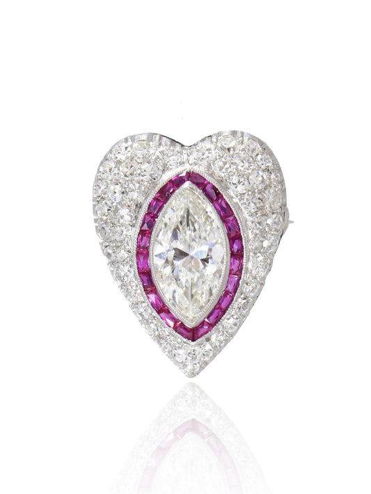 Antique Platinum 1.98 CTW Marquise Diamond Ruby Heart Pendant Brooch