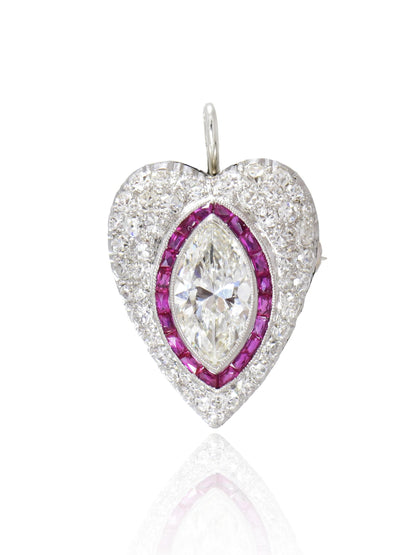 Antique Platinum 1.98 CTW Marquise Diamond Ruby Heart Pendant Brooch