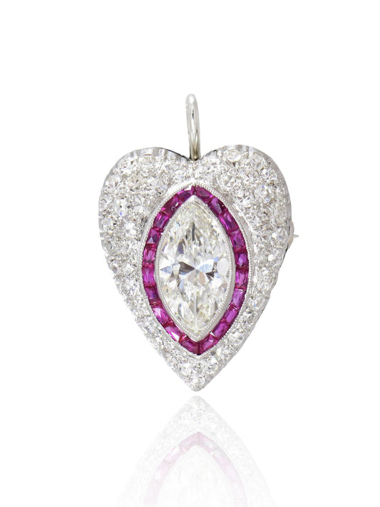 Antique Platinum 1.98 CTW Marquise Diamond Ruby Heart Pendant Brooch