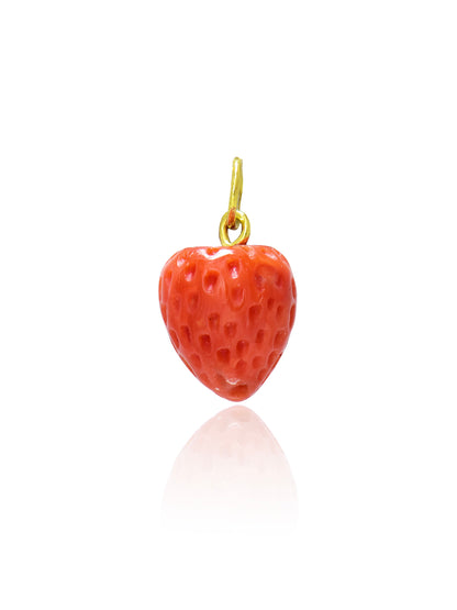 18K Gold Large Hand-Carved Coral Strawberry Charm