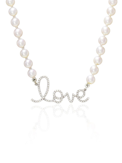14K Gold Diamond LOVE Akoya Pearl Necklace