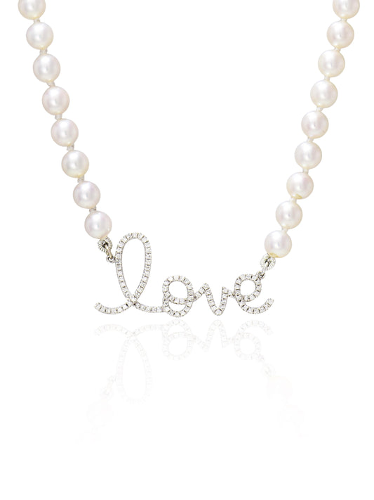 14K Gold Diamond LOVE Akoya Pearl Necklace