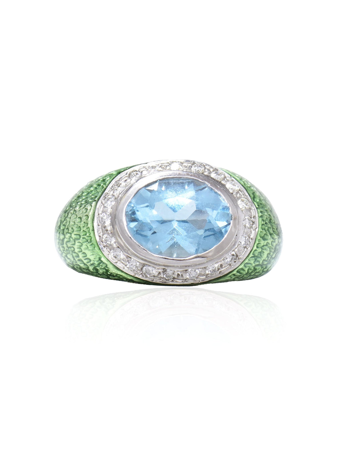 18K Gold Topaz Diamond Guilooche Enamel Gypsy Ring