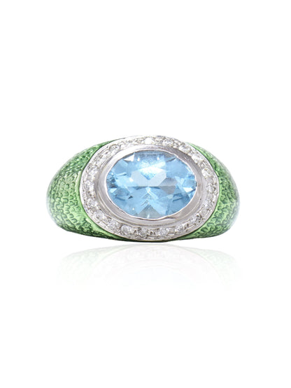 18K Gold Topaz Diamond Guilooche Enamel Gypsy Ring