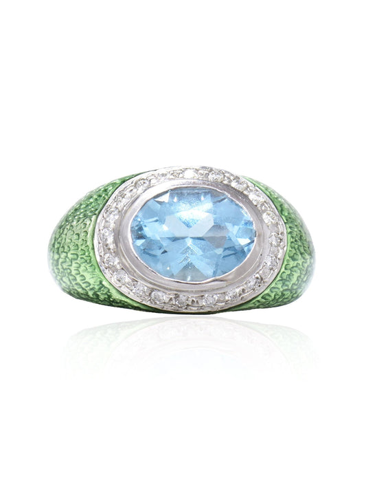 18K Gold Topaz Diamond Guilooche Enamel Gypsy Ring