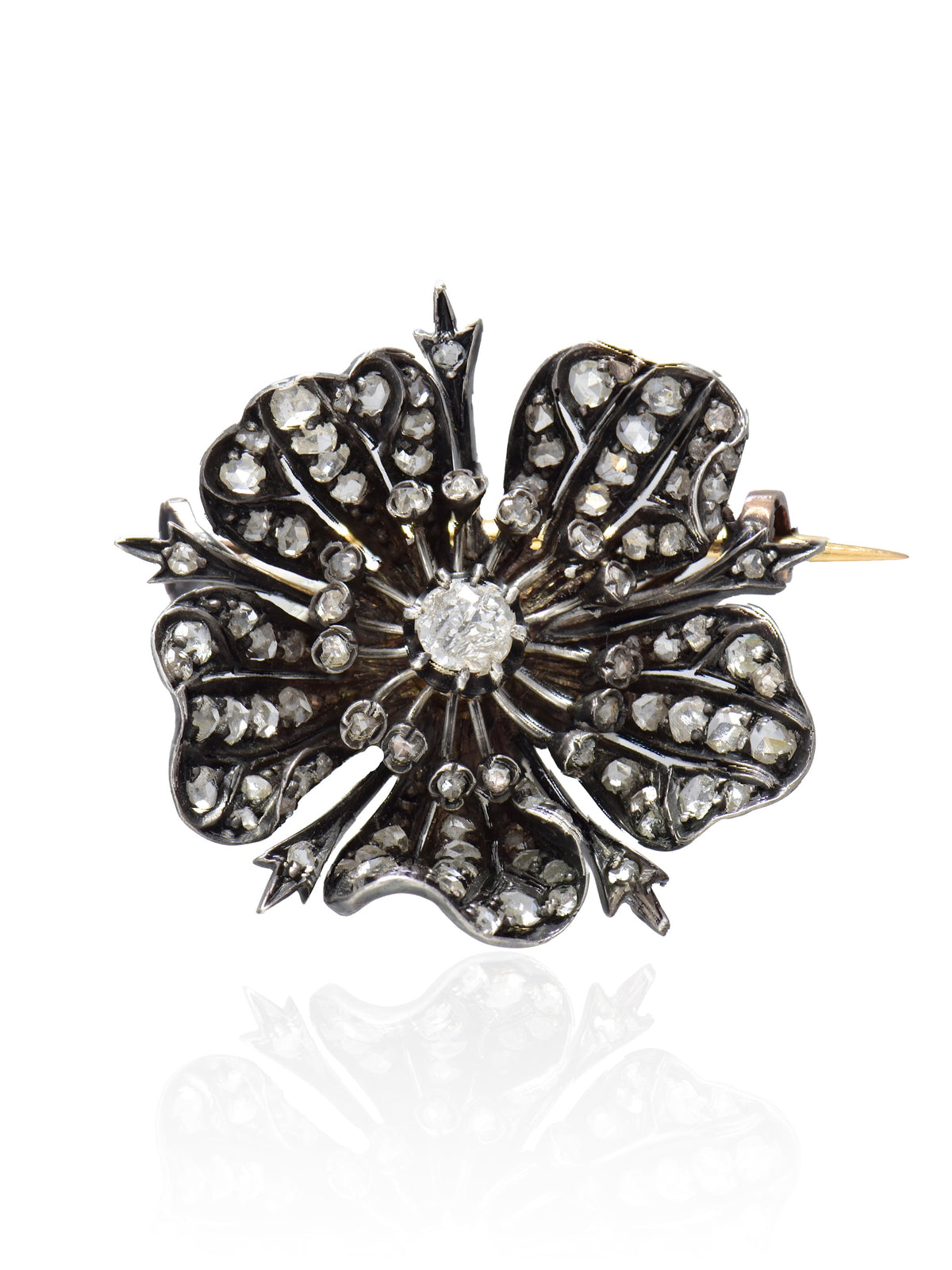 Antique French 18K Gold Topped Silver 2.50CTW Diamond Flower Brooch