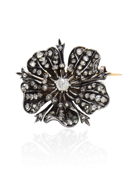 Antique French 18K Gold Topped Silver 2.50CTW Diamond Flower Brooch