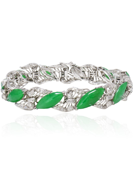 Vintage 14K Gold Marquise Jade Diamond Bracelet