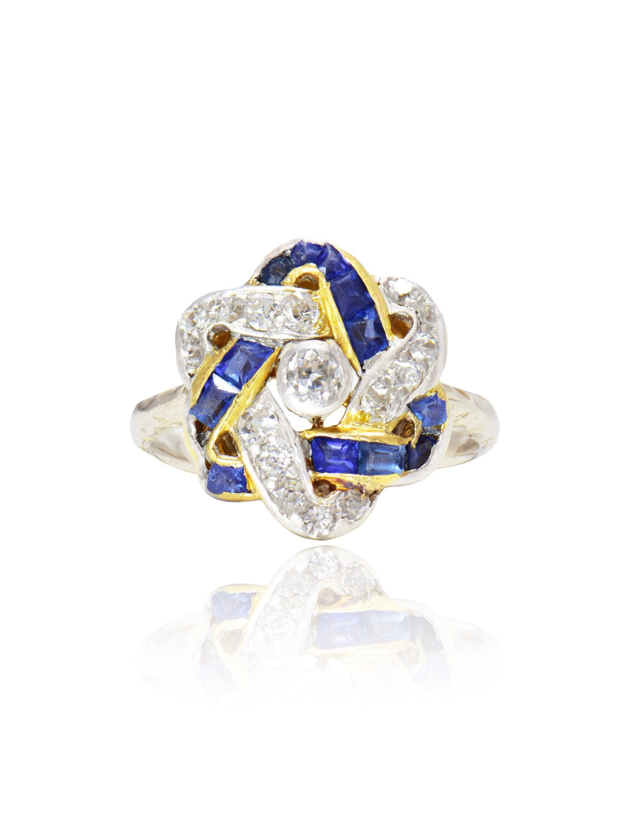 Antique 14K Gold Platinum Sapphire Diamond Knot Ring
