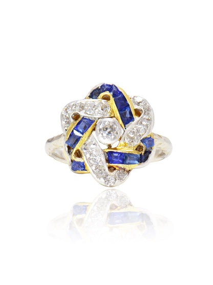 Antique 14K Gold Platinum Sapphire Diamond Knot Ring