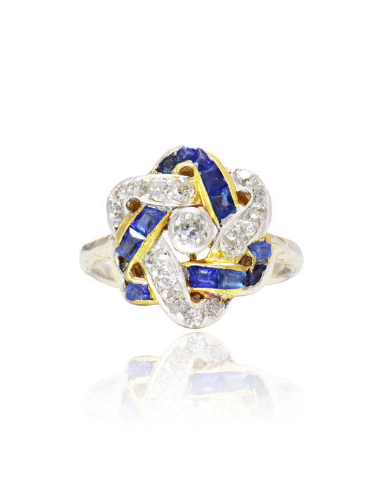 Antique 14K Gold Platinum Sapphire Diamond Knot Ring