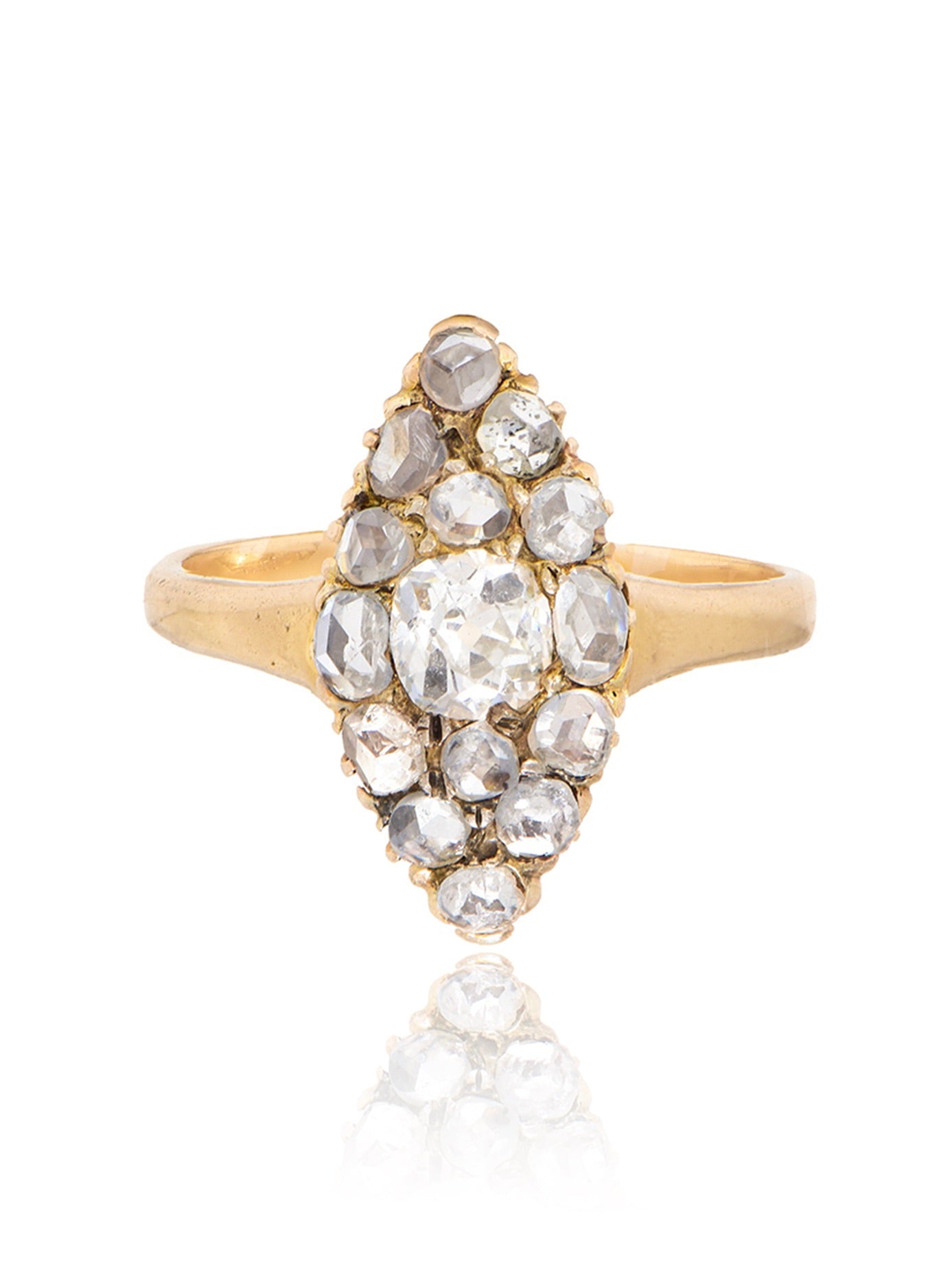 Antique Edwardian 14K Yellow Gold 1.45 CTW Diamond Navette Cluster Ring