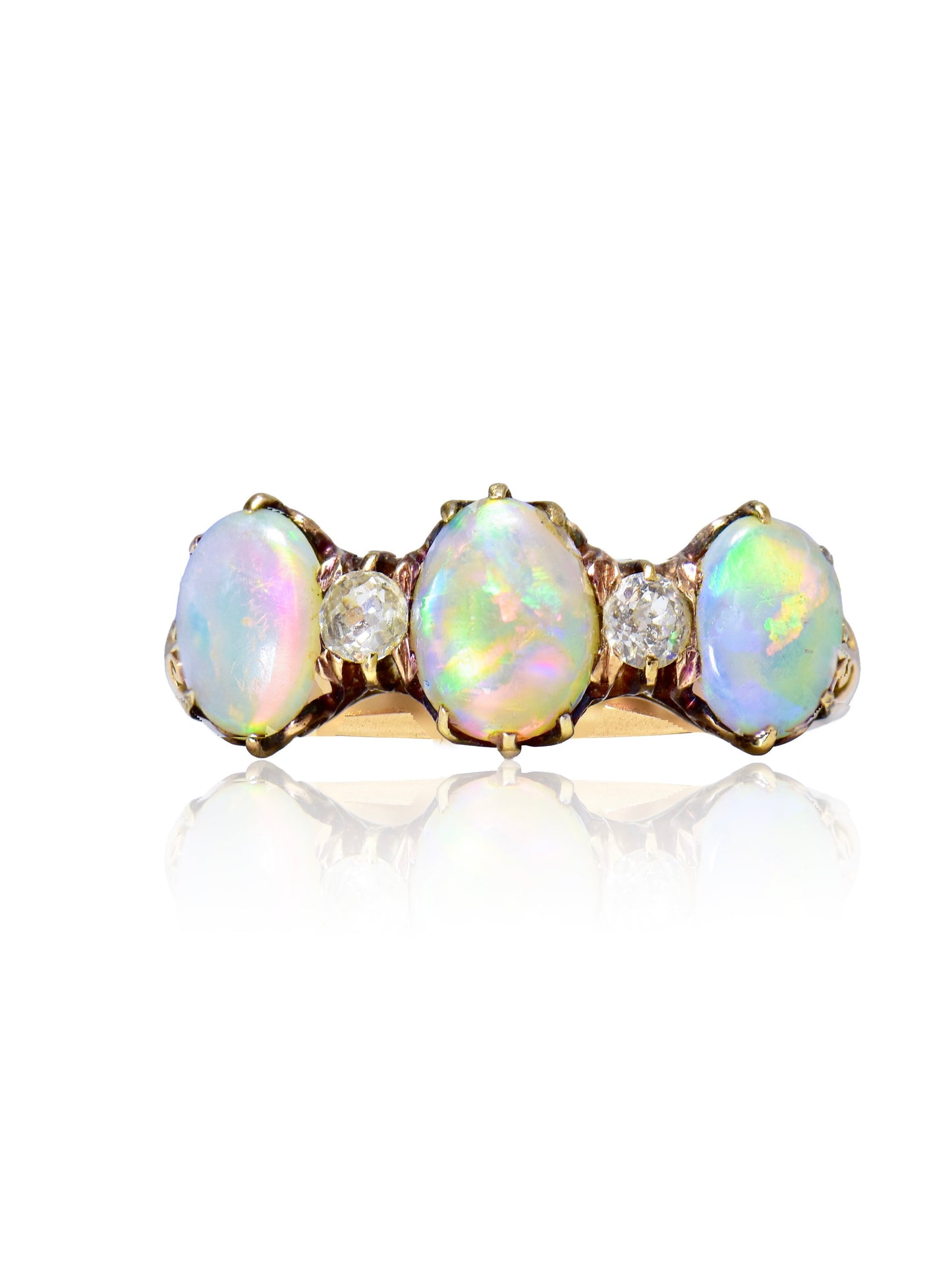 Antique 14K Gold Opal Diamond Three Stone Ring