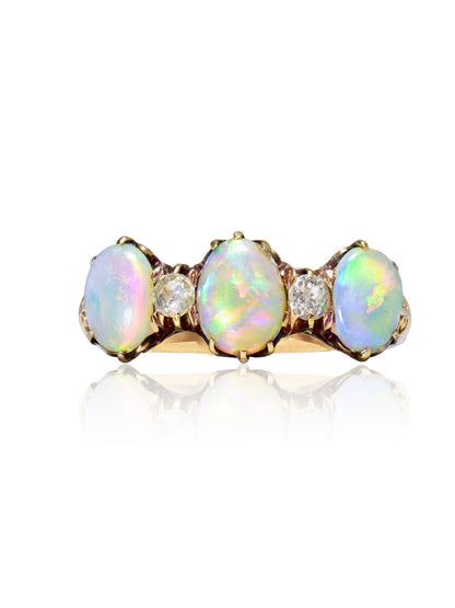 Antique 14K Gold Opal Diamond Three Stone Ring