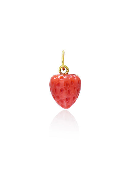 18K Gold Small Hand-Carved Coral Strawberry Charm