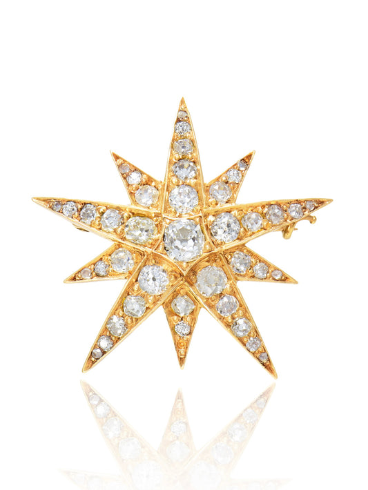 Antique 14K Gold 3.30 CTW Diamond Starburst Pendant Brooch