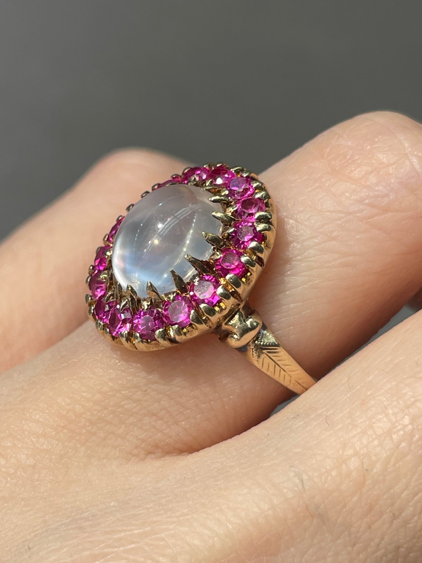 Victorian 10K Gold Ceylon Moonstone Ruby Halo Ring