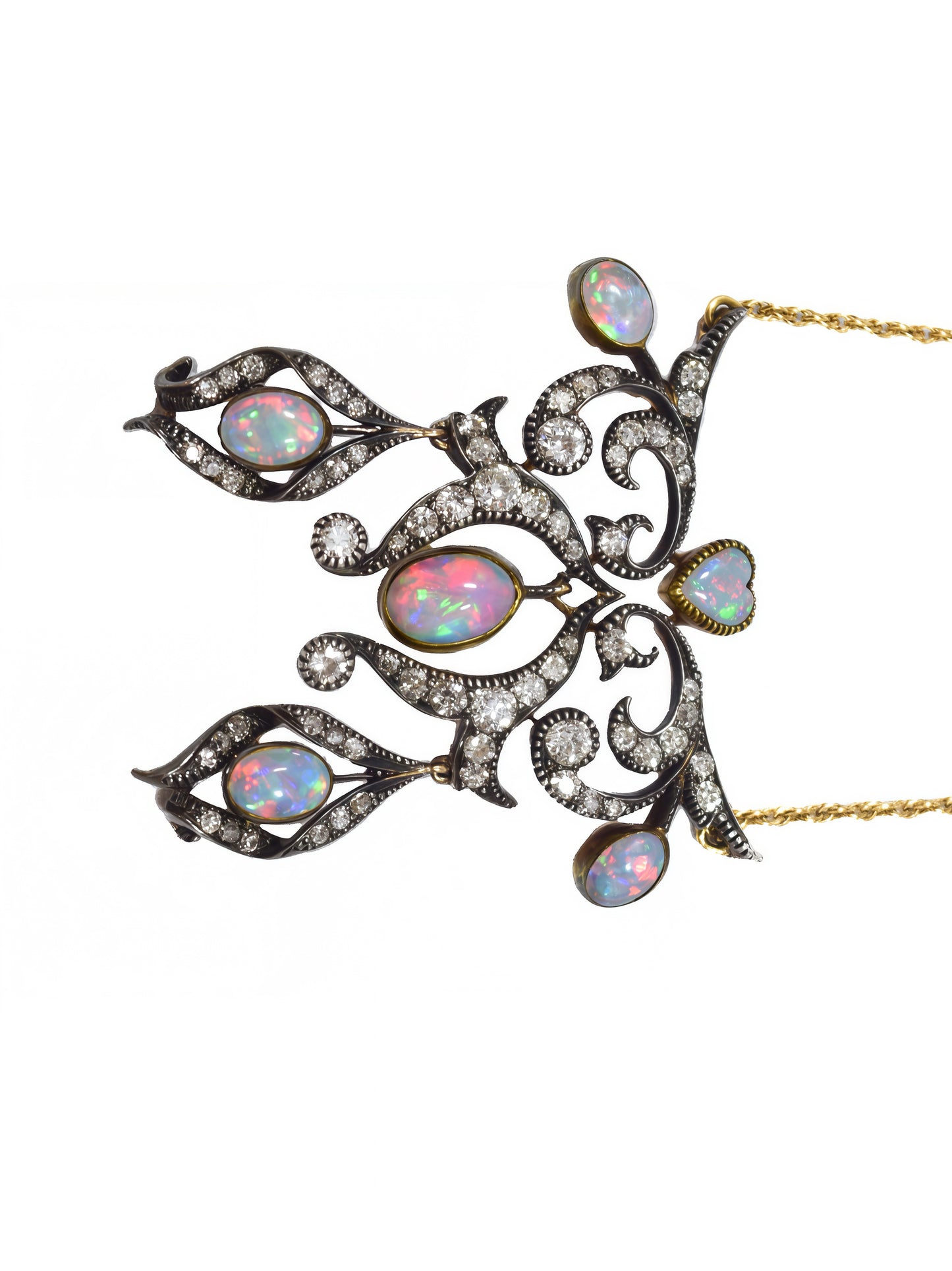 Antique 14K Gold Topped Silver Diamond Opal Lavaliere Pendant