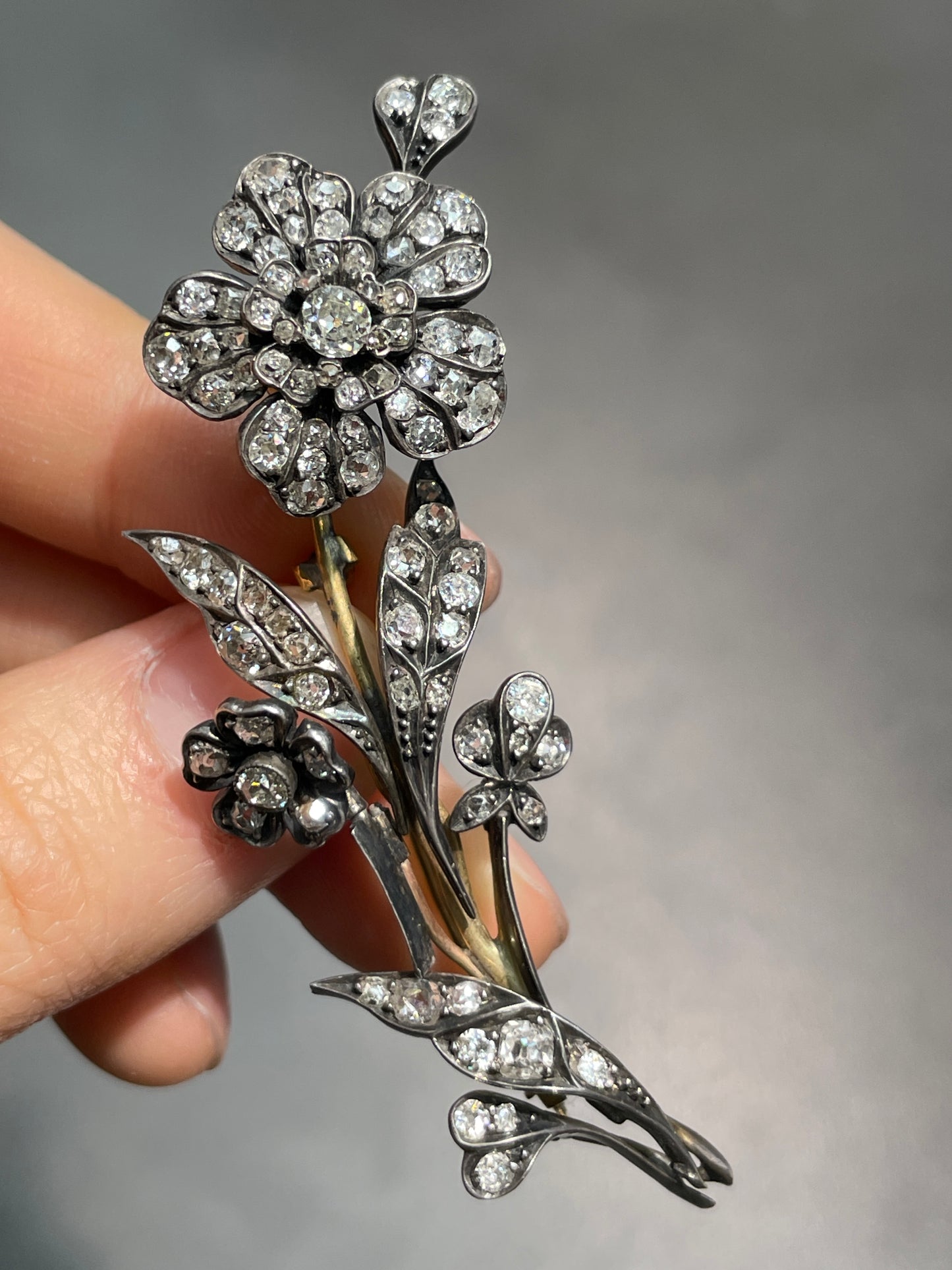 Antique 14K Topped Silver 3.34 CTW Diamond Flower Tremblant Brooch