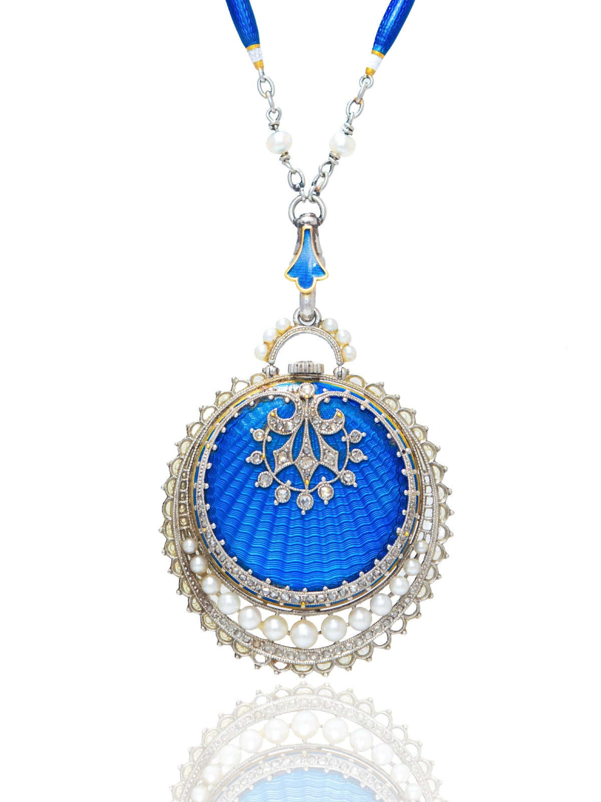 Antique Edwardian Platinum Guilloche Enamel Pocket Watch Necklace