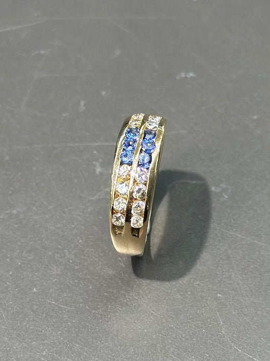 Vintage 14K Gold Sapphire and Diamond Double Eternity Half Band Ring SZ 6