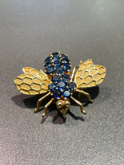 Vintage 14K Yellow Gold Sapphire Bee Pendant Brooch