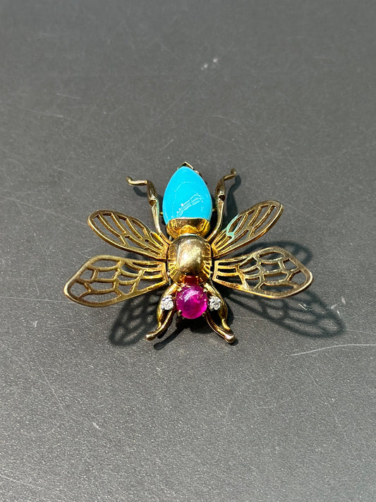 Vintage 18K Gold Articulate Turquoise and Ruby Bug Brooch