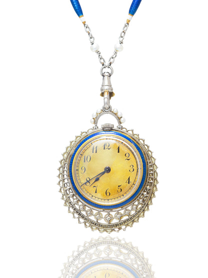 Antique Edwardian Platinum Guilloche Enamel Pocket Watch Necklace