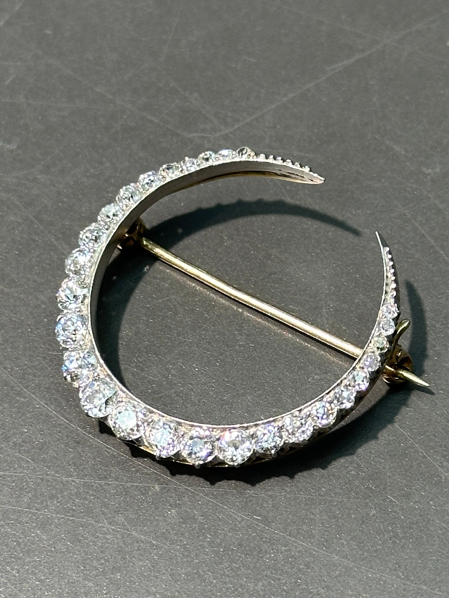 Antique 18K Gold Platinum 2.80 CTW Diamond Crescent Brooch