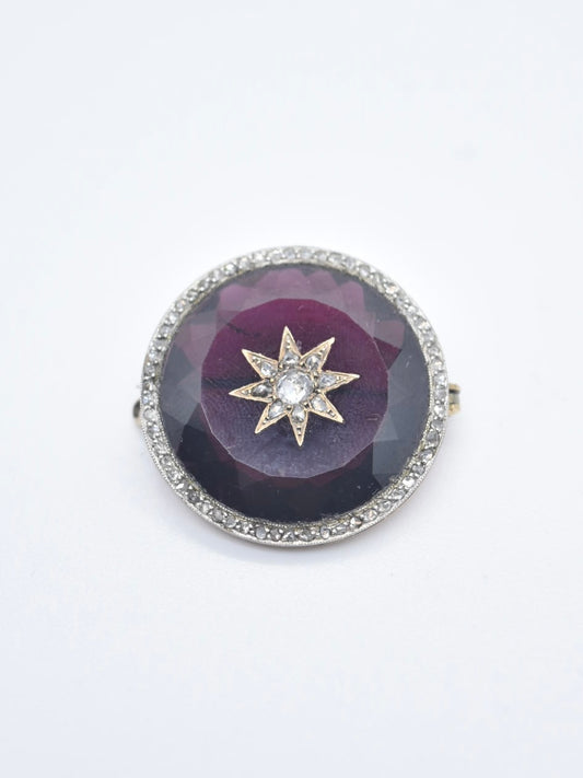 Broche antique en or 14 carats avec diamant grenat à facettes en platine et étoile