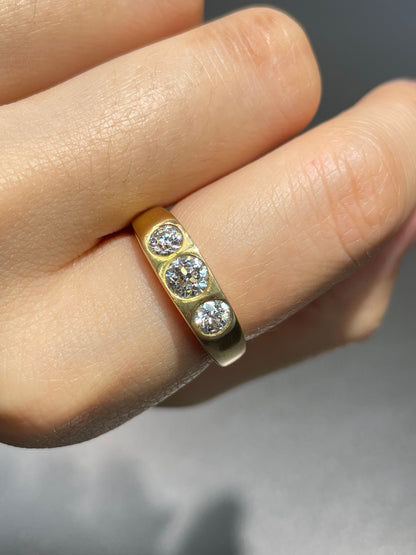 Antique 14K Gold Three Stone Old Mine Cut Diamond Gypsy Ring