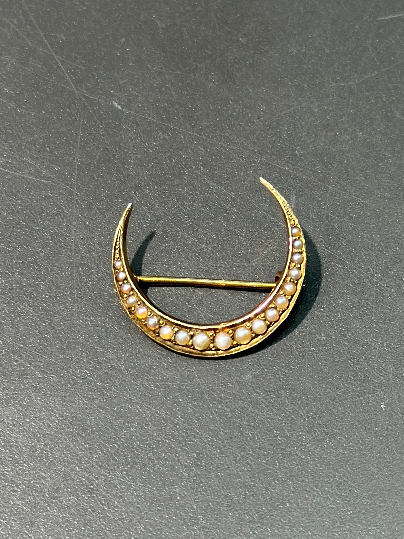 Antique 14K Gold Seed Pearl Crescent Brooch