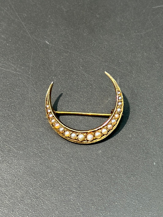 Antique 14K Gold Seed Pearl Crescent Brooch