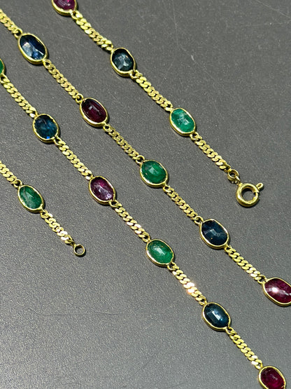 复古 18K 黄金绿宝石蓝宝石和红宝石链环项链