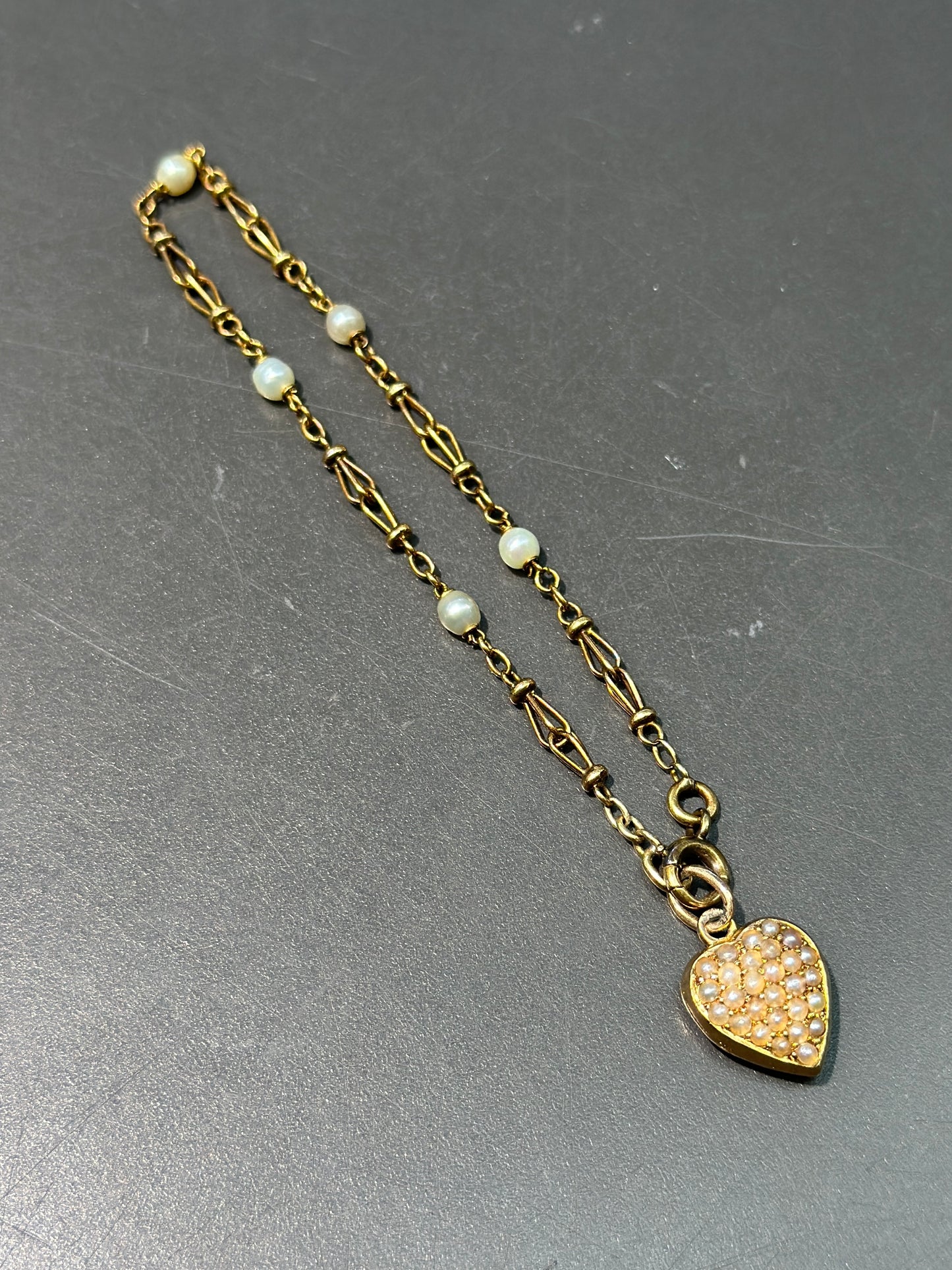 Victorian 18K Gold Seed Pearl Heart Locket Bracelet